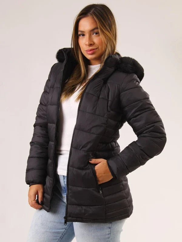 Jaqueta Feminina Puffer de Inverno Forrada com Capuz Removível