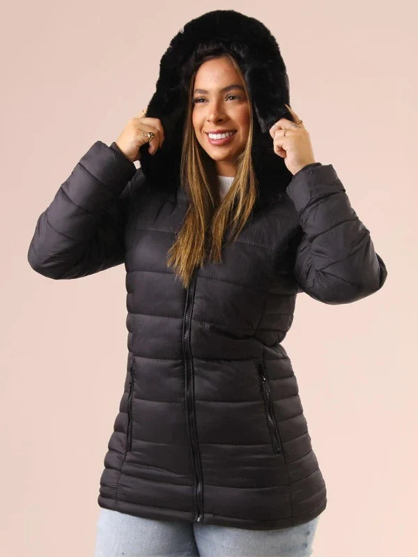 Jaqueta Feminina Puffer de Inverno Forrada com Capuz Removível