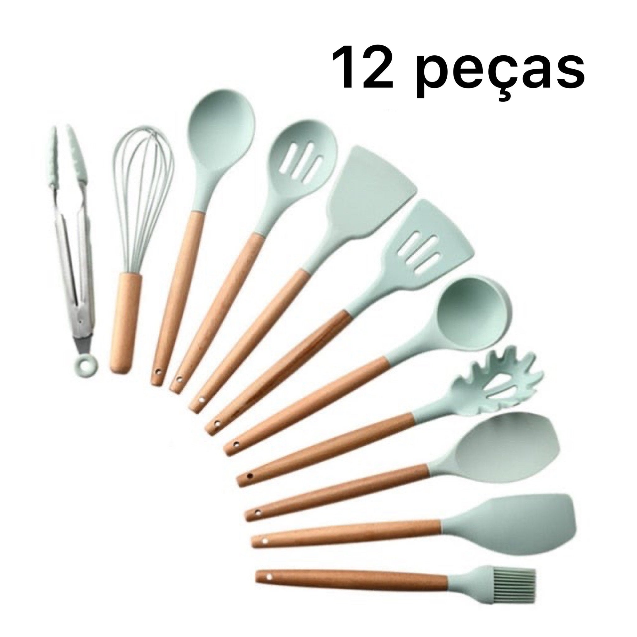 Kit de Utensílios Para Cozinha De Silicone Com Cabo Em Madeira - 12 peças