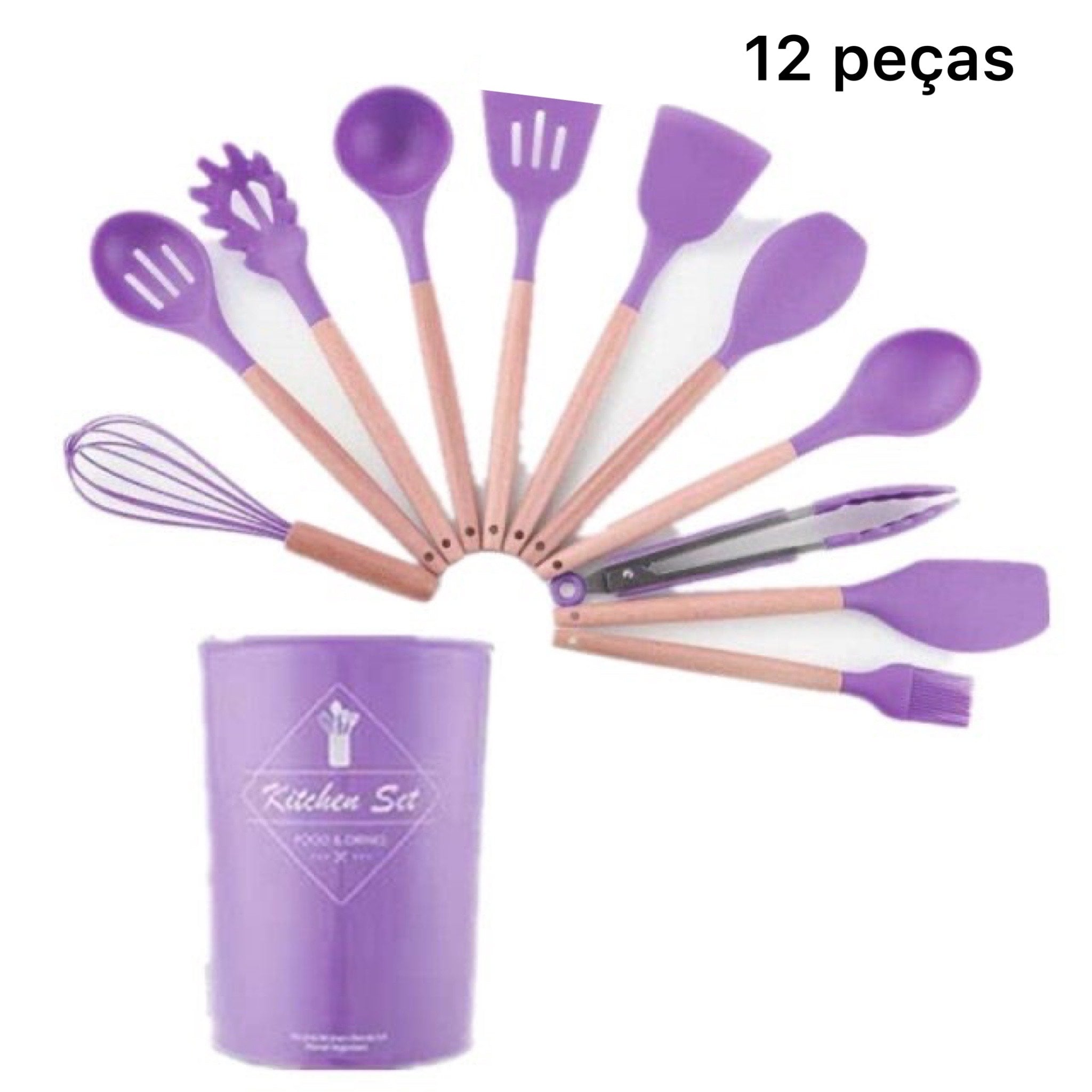 Kit de Utensílios Para Cozinha De Silicone Com Cabo Em Madeira - 12 peças