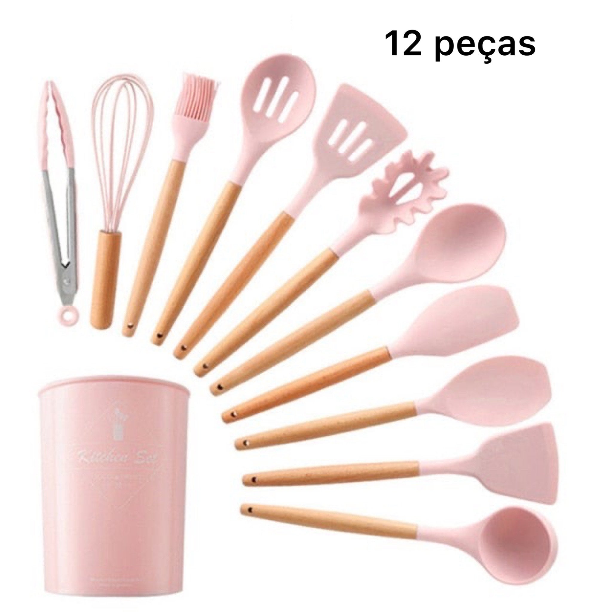 Kit de Utensílios Para Cozinha De Silicone Com Cabo Em Madeira - 12 peças