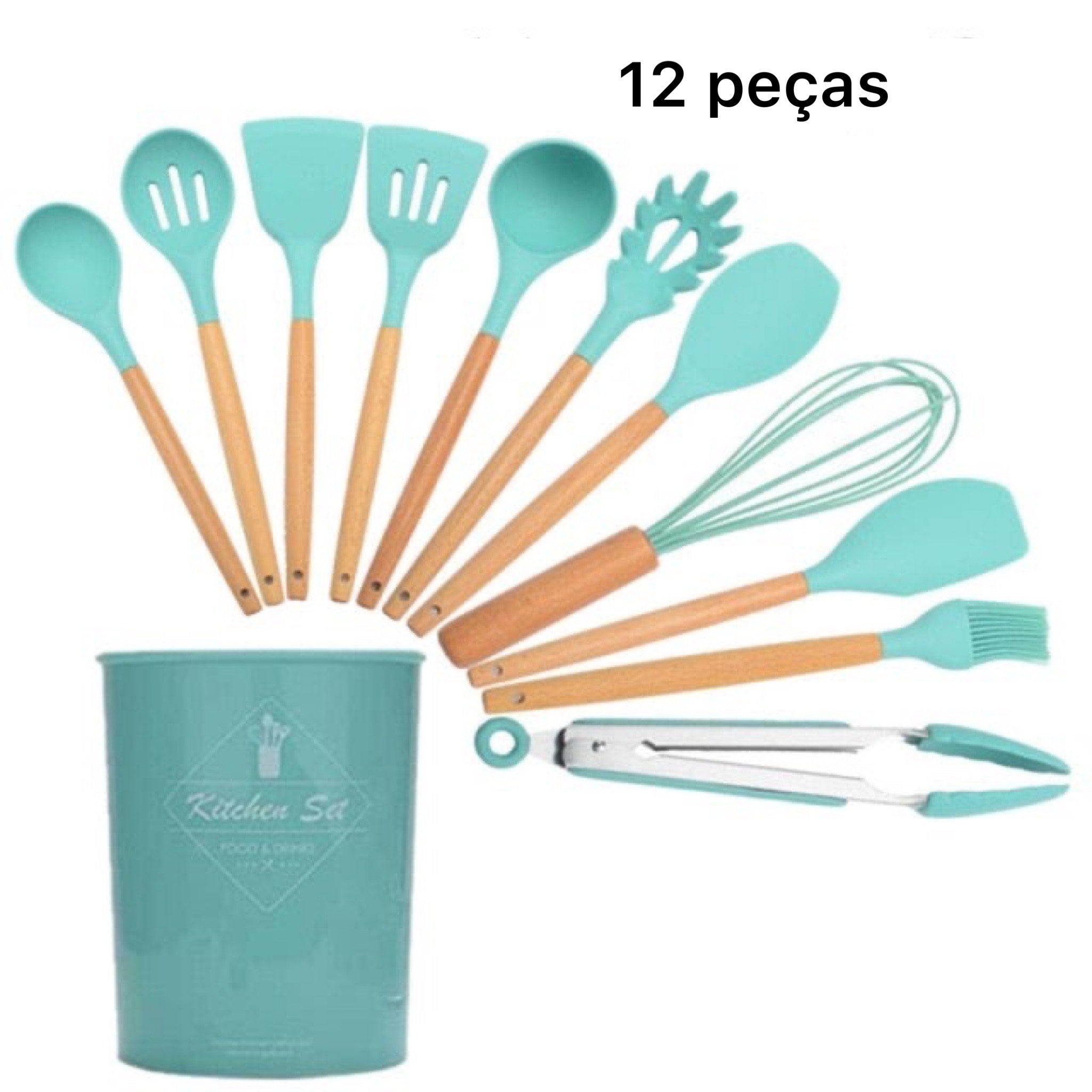 Kit de Utensílios Para Cozinha De Silicone Com Cabo Em Madeira - 12 peças