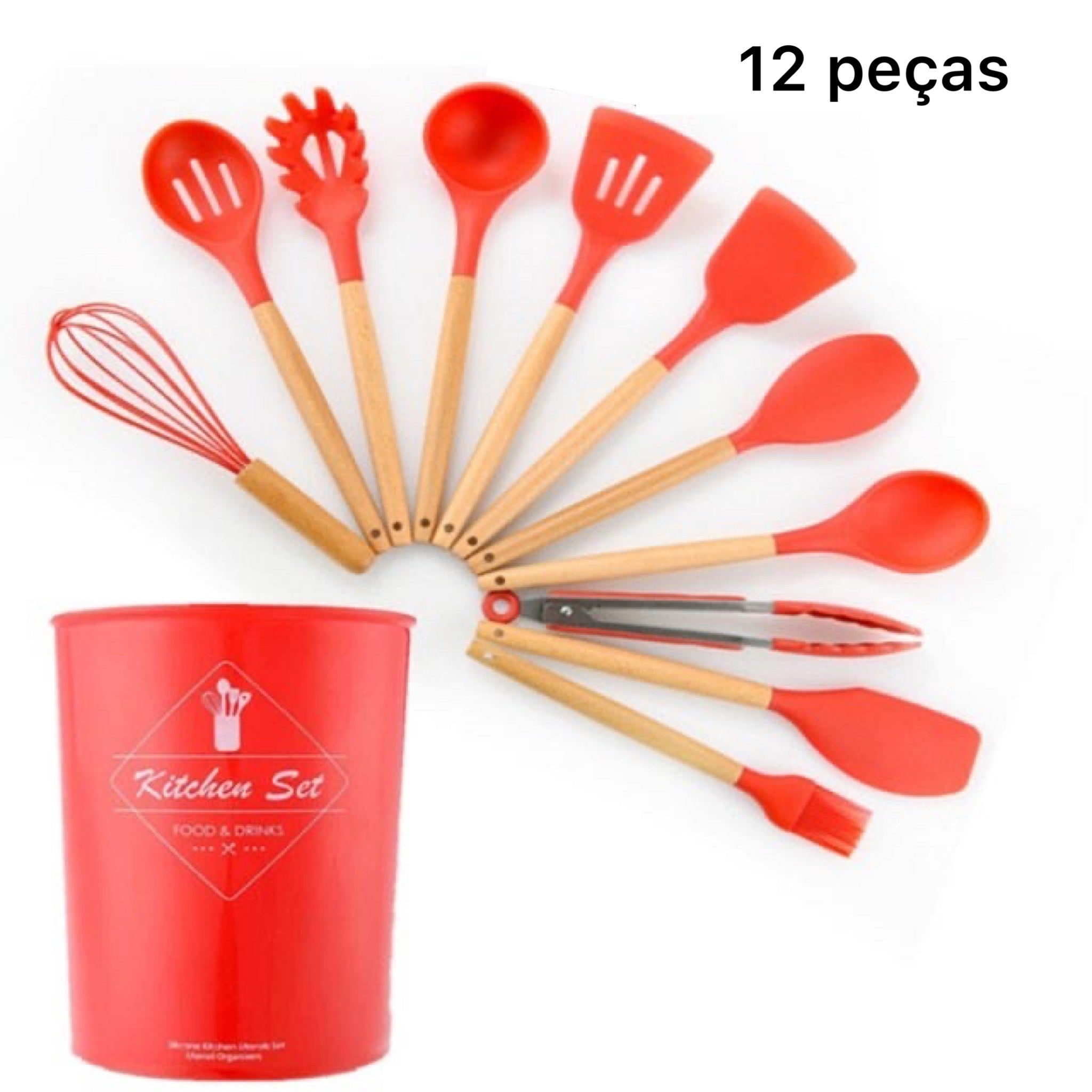 Kit de Utensílios Para Cozinha De Silicone Com Cabo Em Madeira - 12 peças