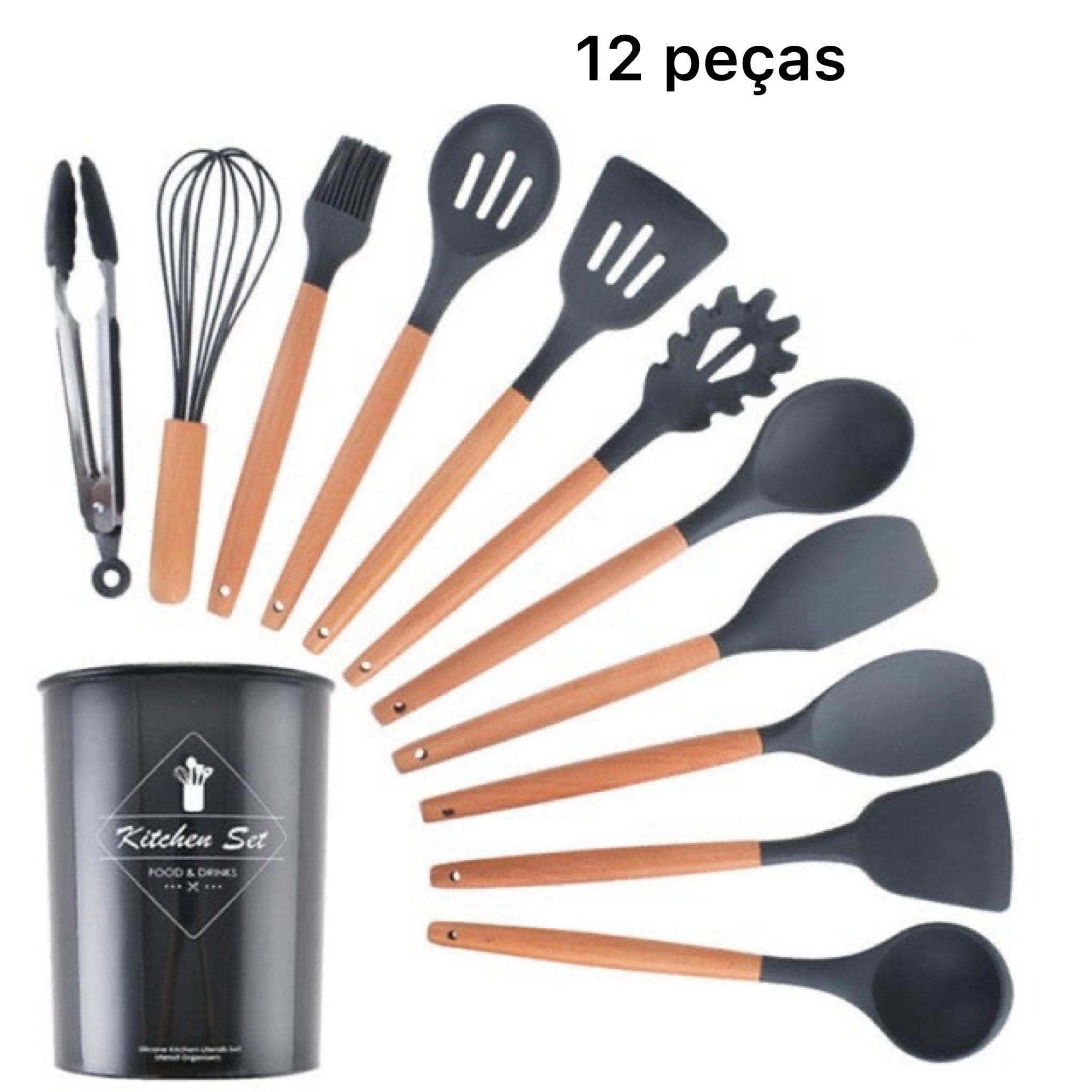 Kit de Utensílios Para Cozinha De Silicone Com Cabo Em Madeira - 12 peças