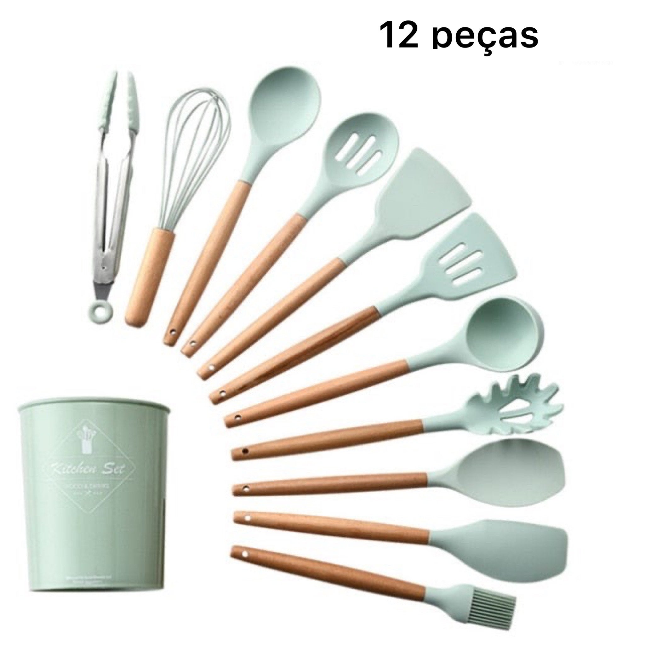 Kit de Utensílios Para Cozinha De Silicone Com Cabo Em Madeira - 12 peças