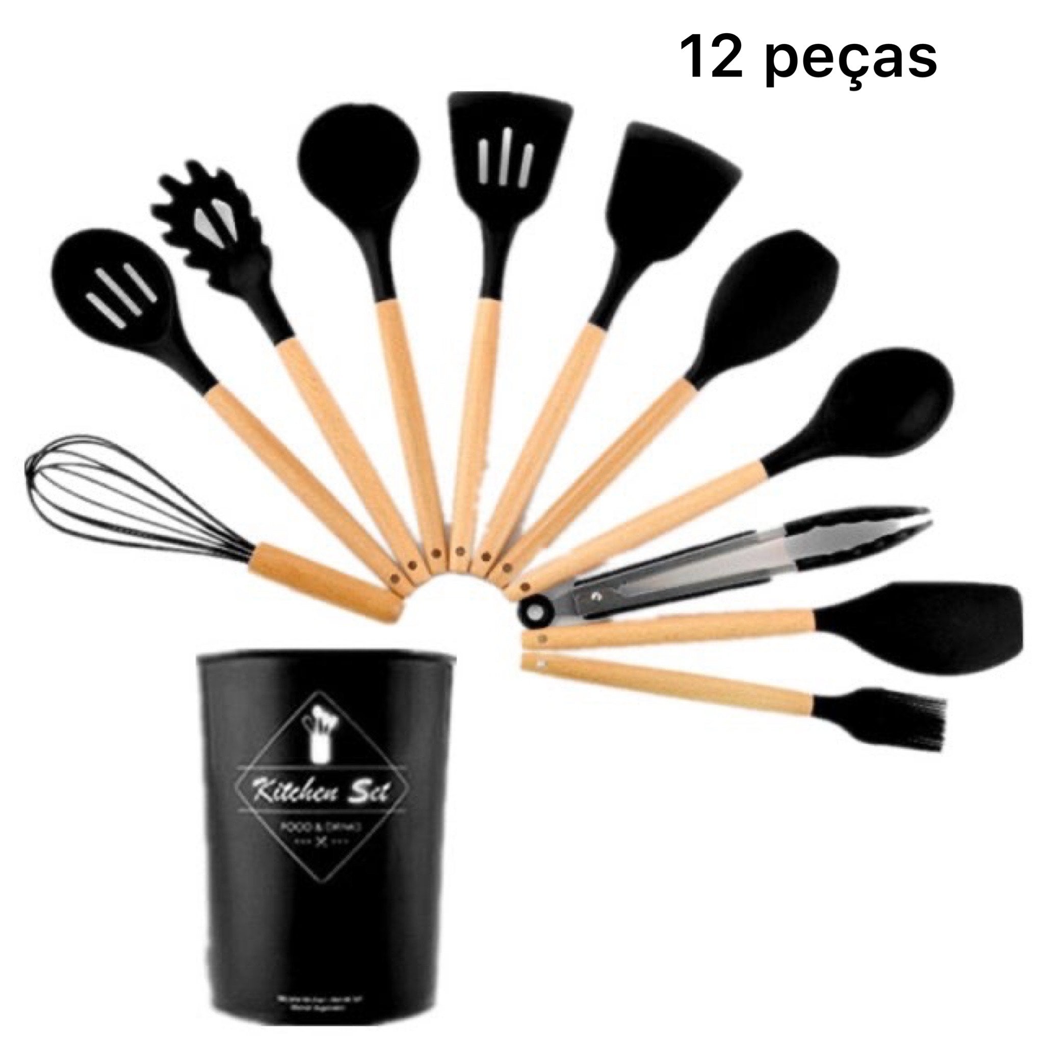 Kit de Utensílios Para Cozinha De Silicone Com Cabo Em Madeira - 12 peças