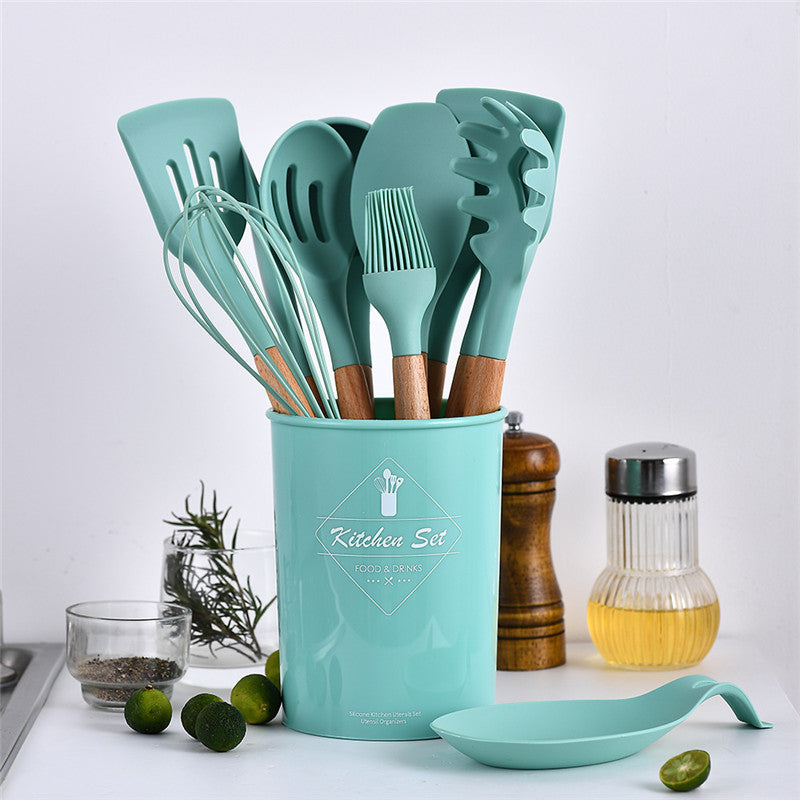 Kit de Utensílios Para Cozinha De Silicone Com Cabo Em Madeira - 12 peças