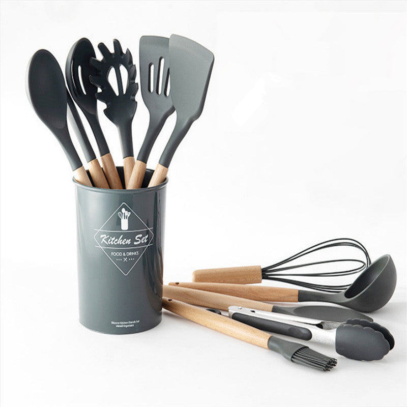 Kit de Utensílios Para Cozinha De Silicone Com Cabo Em Madeira - 12 peças